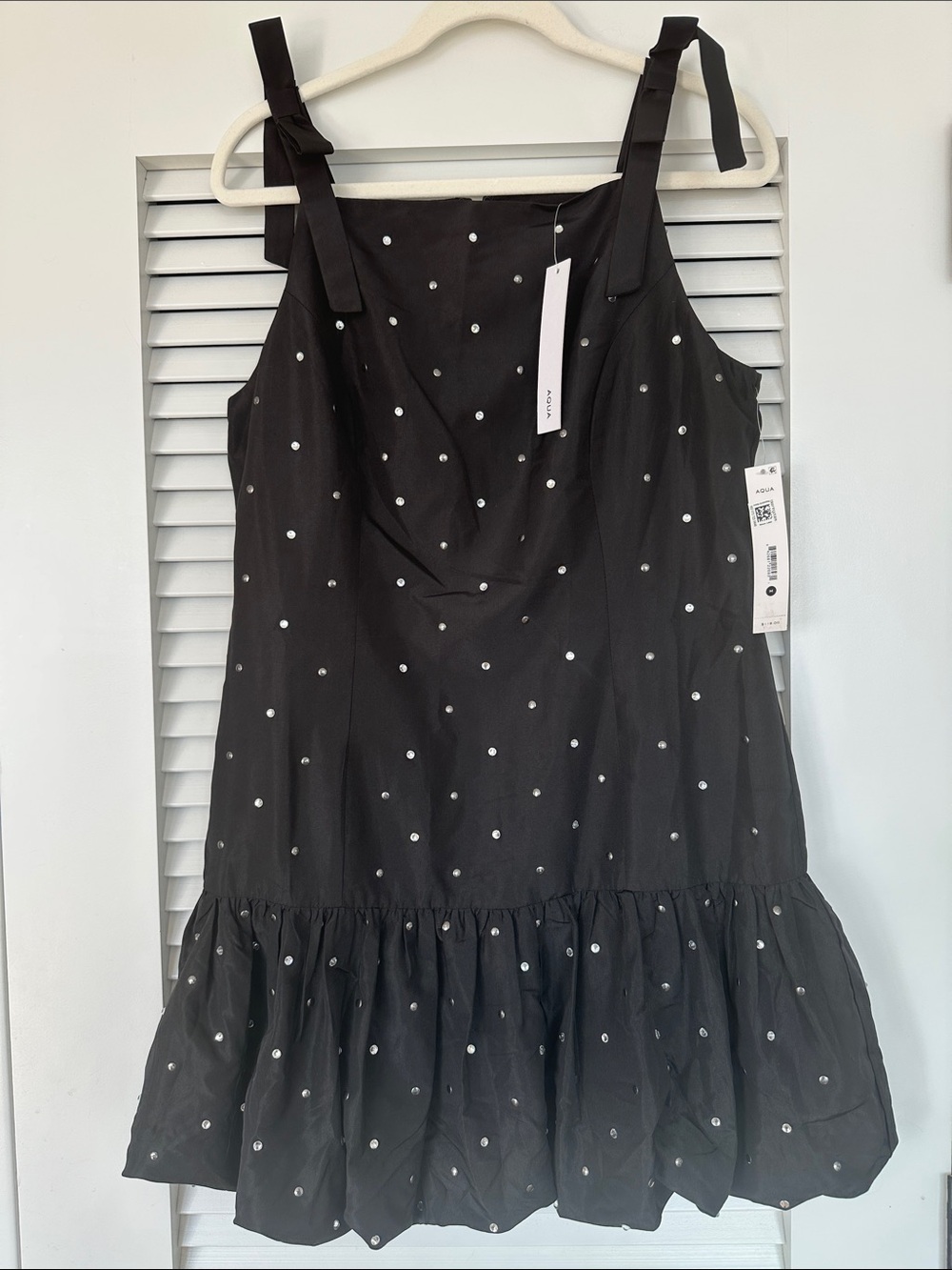 AQUA NWT Black Rhinestone Bow Strap Bubble Hem Mini Dress M